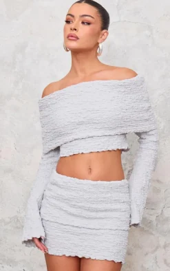 Light Grey Textured Fold Over Mini Skirt