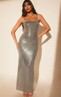 Light Grey Textured Glitter Cut Out Back Maxi Dress