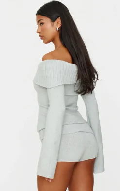 Light Grey Textured Knit Cut Out Foldover Bardot Top