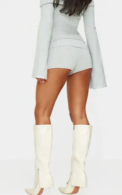 Light Grey Textured Knit Foldover Shorts