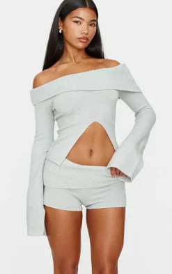 Light Grey Textured Knit Foldover Shorts