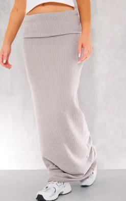 Light Grey Thick Brushed Rib Fold Over Waist Maxi Skirt