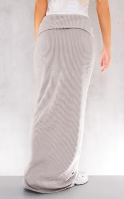 Light Grey Thick Brushed Rib Fold Over Waist Maxi Skirt