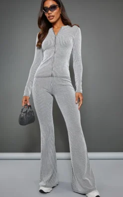 Light Grey Two Tone Rib High Waist Flares