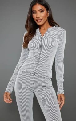 Light Grey Two Tone Rib Longline Zip Up Top