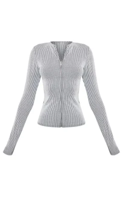 Light Grey Two Tone Rib Longline Zip Up Top