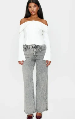 Light Grey Washed Foldover Waist Detail Wide Leg Jeans