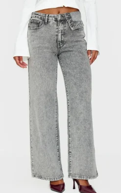 Light Grey Washed Foldover Waist Detail Wide Leg Jeans