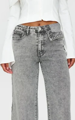 Light Grey Washed Foldover Waist Detail Wide Leg Jeans