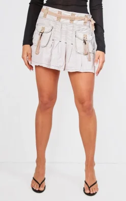 Light Grey Washed Pleated Cargo Mini Skirt