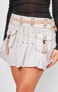 Light Grey Washed Pleated Cargo Mini Skirt