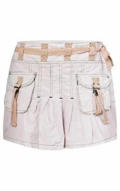 Light Grey Washed Pleated Cargo Mini Skirt