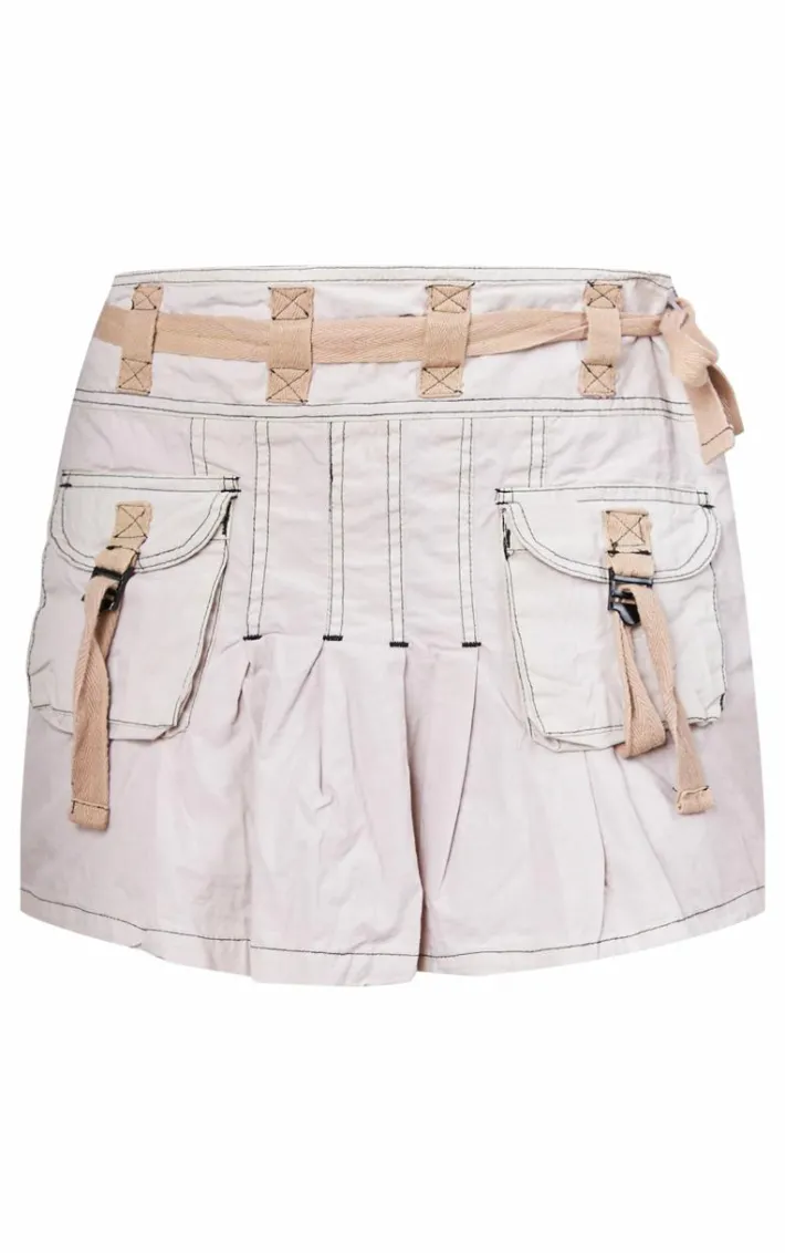 Light Grey Washed Pleated Cargo Mini Skirt