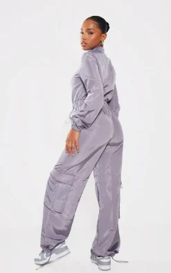 Light Grey Zip Up Toggle Wide Leg Jumpsuit