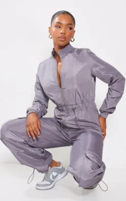 Light Grey Zip Up Toggle Wide Leg Jumpsuit