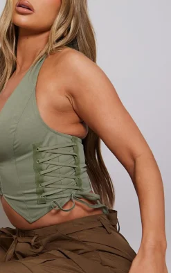 Light Khaki Cargo Lace Up Side Zip Up Crop Top