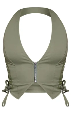 Light Khaki Cargo Lace Up Side Zip Up Crop Top