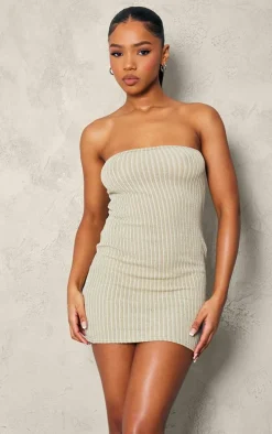 Light Khaki Contrast Ribbed Bandeau Mini Dress