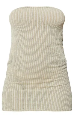 Light Khaki Contrast Ribbed Bandeau Mini Dress