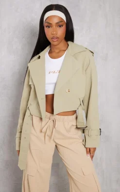 Light Khaki Cropped Belted Hem Trench Coat