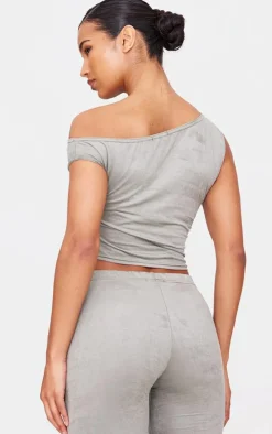 Light Khaki Faux Suede Asymmetric Crop Top