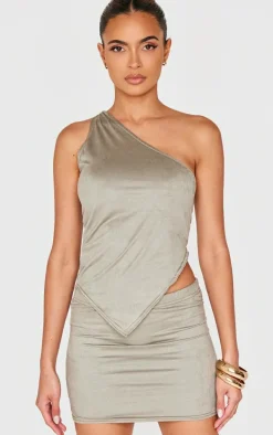 Light Khaki Faux Suede Twist Detail One Shoulder Top