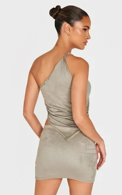 Light Khaki Faux Suede Twist Detail One Shoulder Top