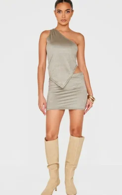 Light Khaki Faux Suede Twist Detail One Shoulder Top
