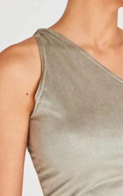 Light Khaki Faux Suede Twist Detail One Shoulder Top