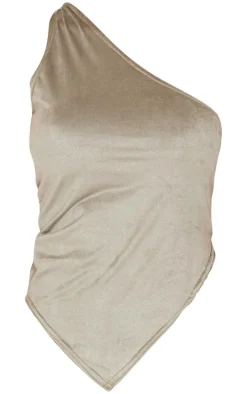 Light Khaki Faux Suede Twist Detail One Shoulder Top