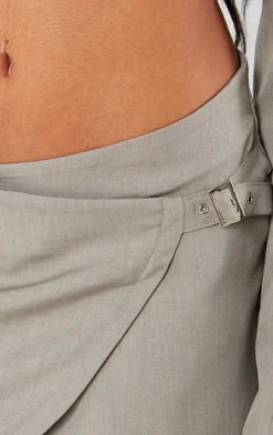 Light Khaki Tailored Buckle Detail Wrap Micro Mini Skirt