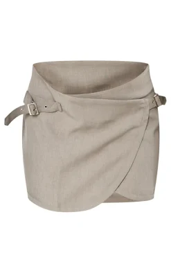 Light Khaki Tailored Buckle Detail Wrap Micro Mini Skirt
