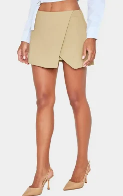 Light Khaki Tailored Woven Wrap Front Skort