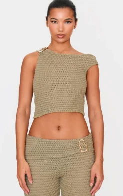 Light Khaki Textured Trim Detail Off The Shoulder Crop Top