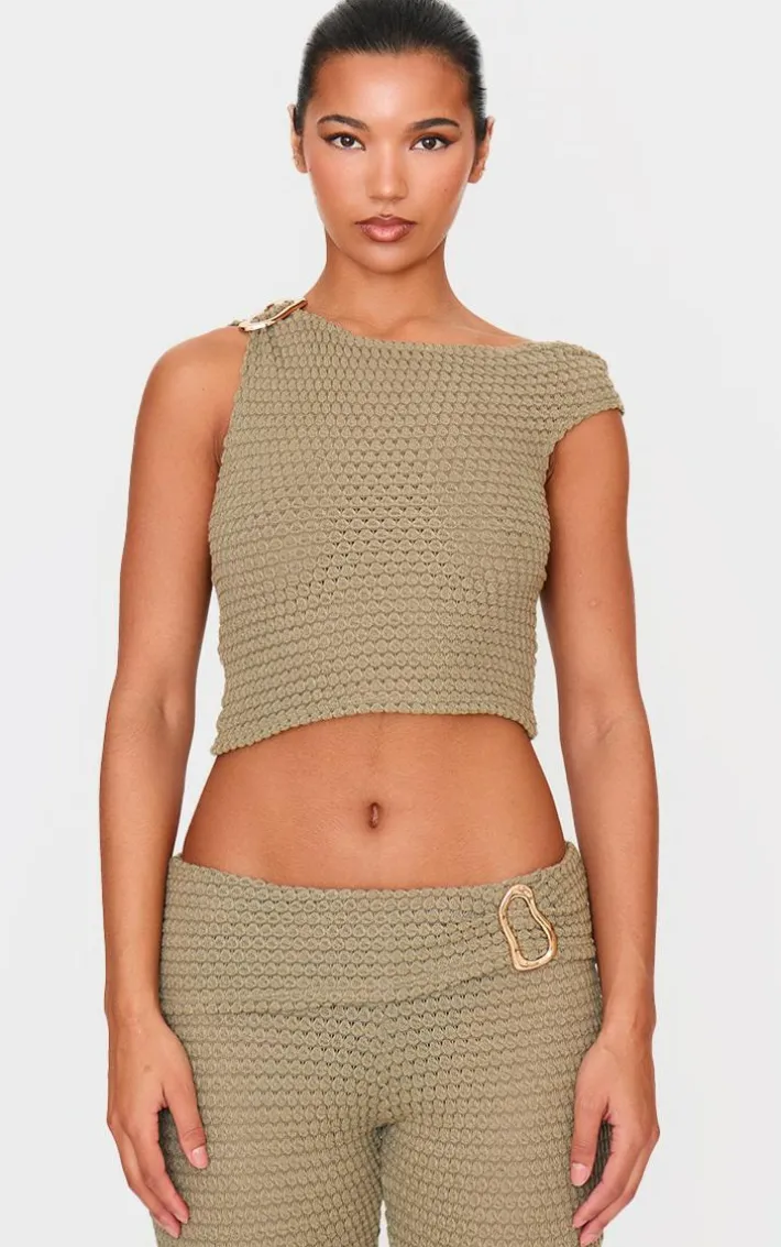 Light Khaki Textured Trim Detail Off The Shoulder Crop Top