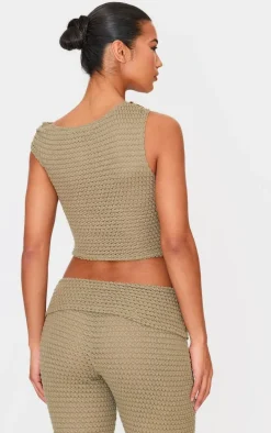 Light Khaki Textured Trim Detail Off The Shoulder Crop Top