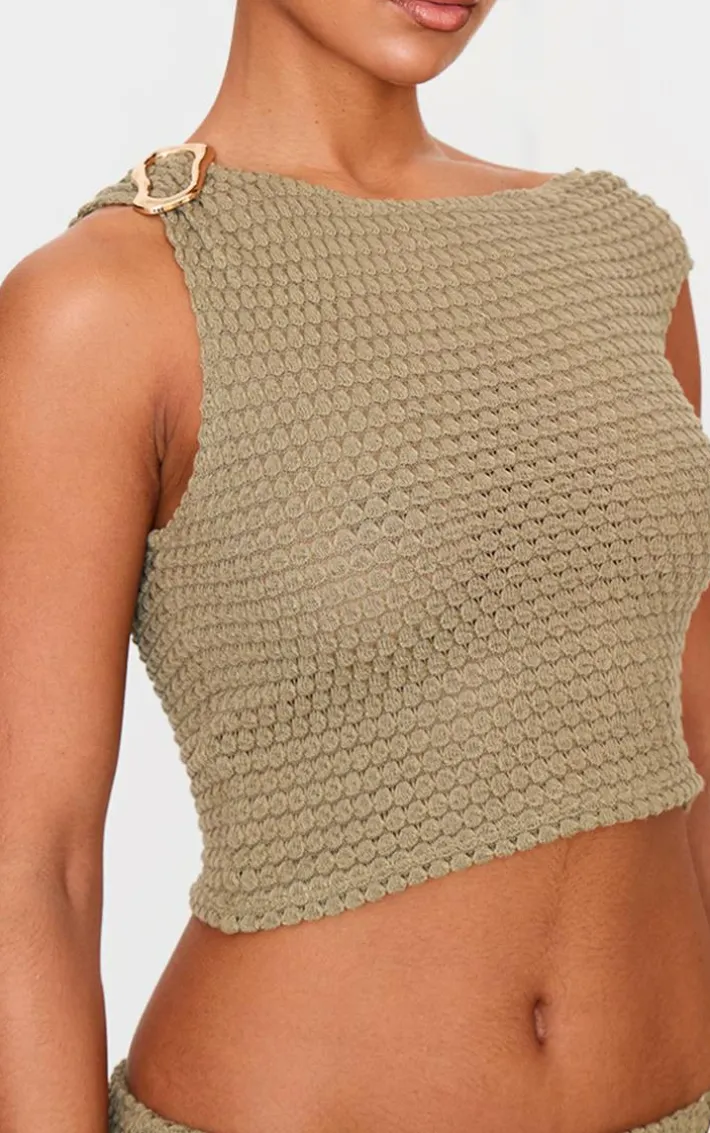 Light Khaki Textured Trim Detail Off The Shoulder Crop Top