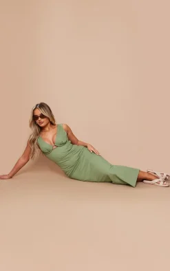 Light Khaki Twill Underbust Plunge Midaxi Dress