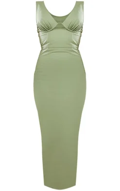 Light Khaki Twill Underbust Plunge Midaxi Dress