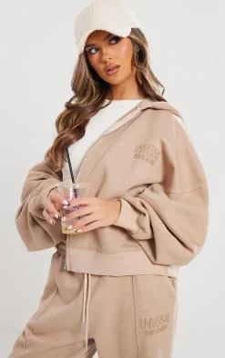 Light Mocha Premium Washed Tonal Print Zip Up Boxy Hoodie