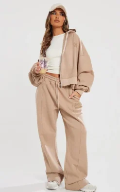 Light Mocha Premium Washed Tonal Print Zip Up Boxy Hoodie