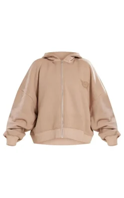 Light Mocha Premium Washed Tonal Print Zip Up Boxy Hoodie