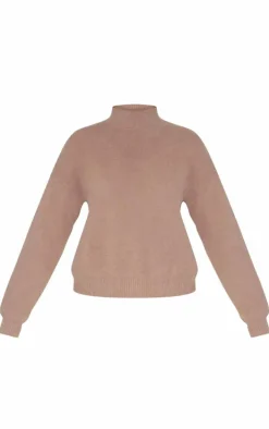Light Mocha Soft Knit High Neck Oversized Sweater