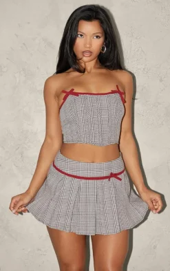 Light Mocha Woven Houndstooth Bow Skater Skirt