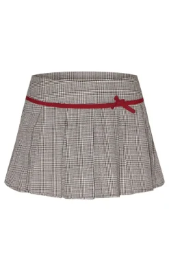Light Mocha Woven Houndstooth Bow Skater Skirt