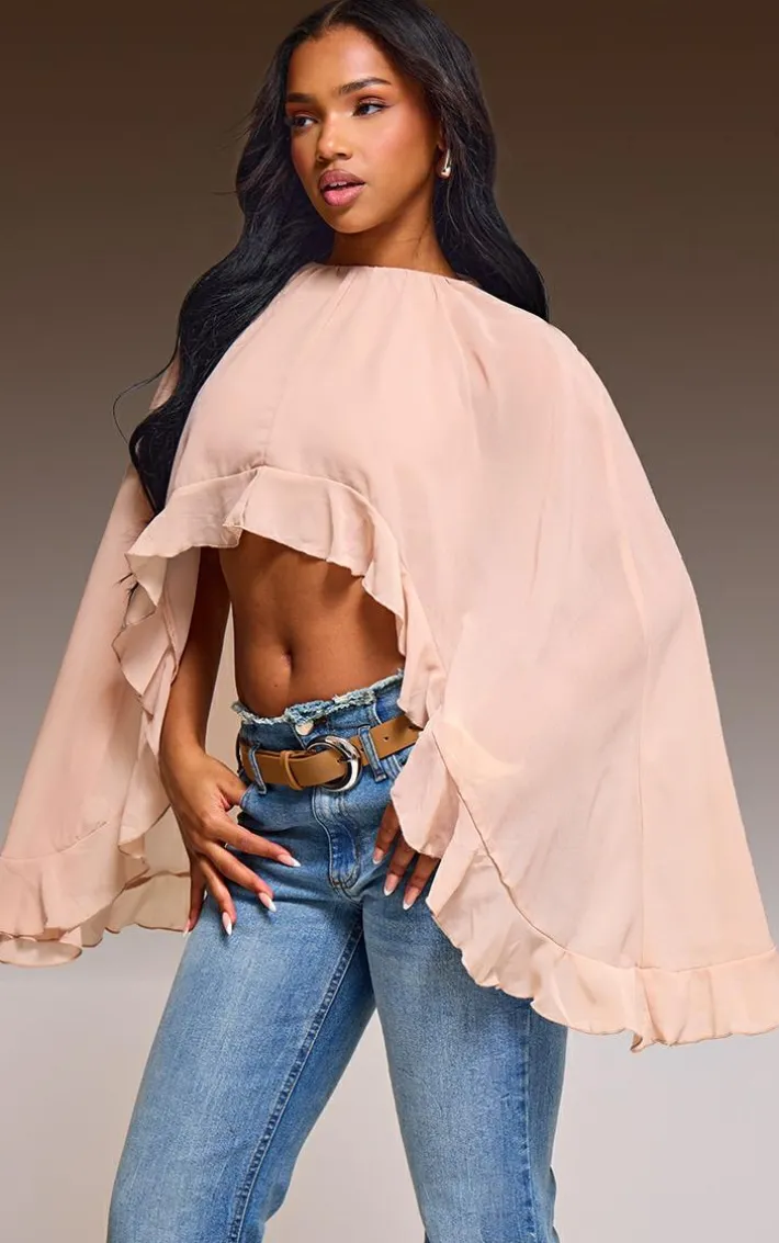 Light Nude Chiffon Frill Hem Cape Crop Top