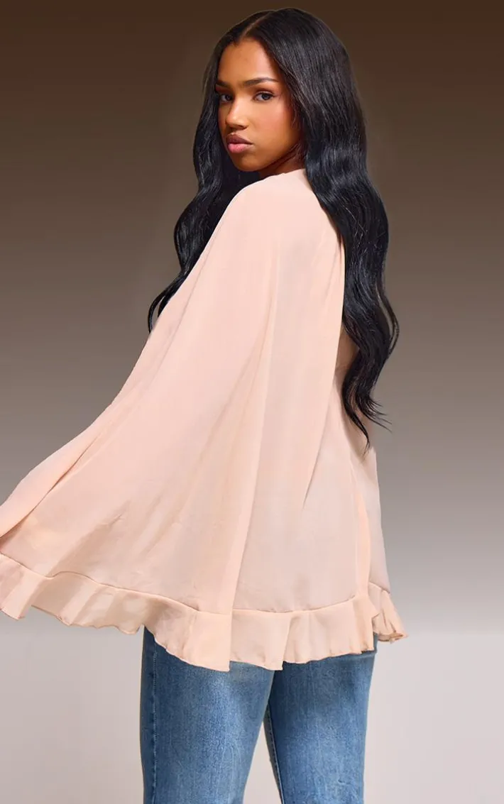 Light Nude Chiffon Frill Hem Cape Crop Top