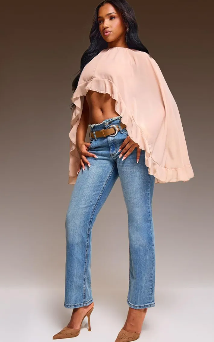 Light Nude Chiffon Frill Hem Cape Crop Top