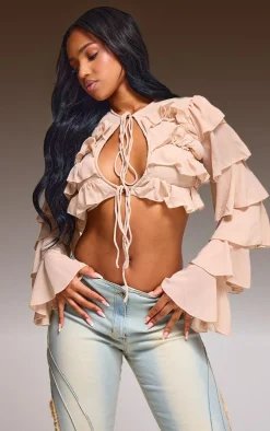 Light Nude Chiffon Ruffle Tie Detail Crop Top
