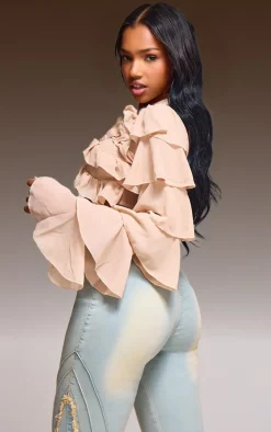 Light Nude Chiffon Ruffle Tie Detail Crop Top